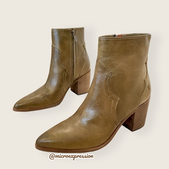 $428 Frye Flynn Short Olive Green Real Leather Zip Up Pointy Toe Heel Ankle Boot - Picture 13 of 16